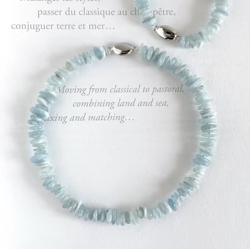 ロングにもなる　涼しげアクアマリン ラフカットのネックレスとブレスレットのセット