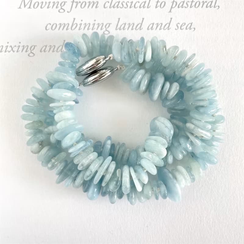 ロングにもなる　涼しげアクアマリン ラフカットのネックレスとブレスレットのセット