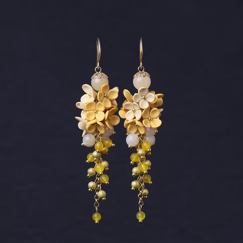 Yellow Statement Earrings With Tiny Flowers Foral Earrings Polymer Clay Earrings