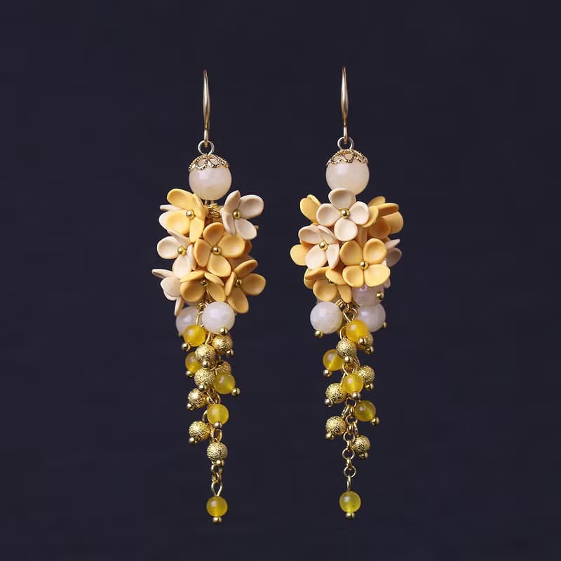 Yellow Statement Earrings With Tiny Flowers Foral Earrings Polymer Clay Earrings