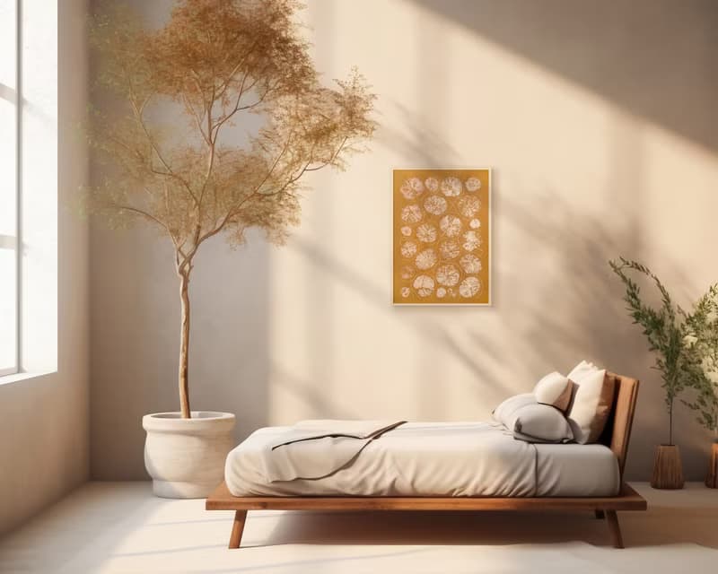 Ochre and beige textured leaves plant wall art Monotype print Original artwork