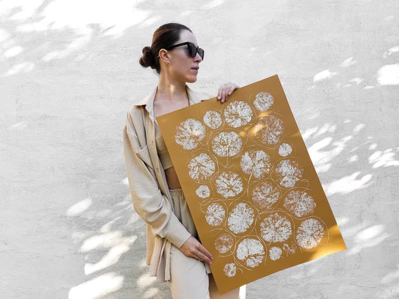 Ochre and beige textured leaves plant wall art Monotype print Original artwork