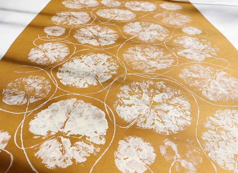 Ochre and beige textured leaves plant wall art Monotype print Original artwork