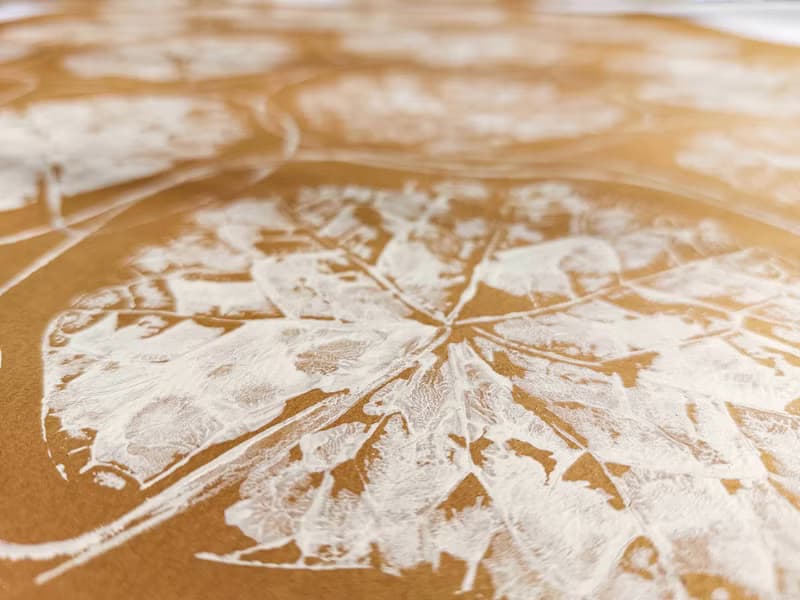 Ochre and beige textured leaves plant wall art Monotype print Original artwork