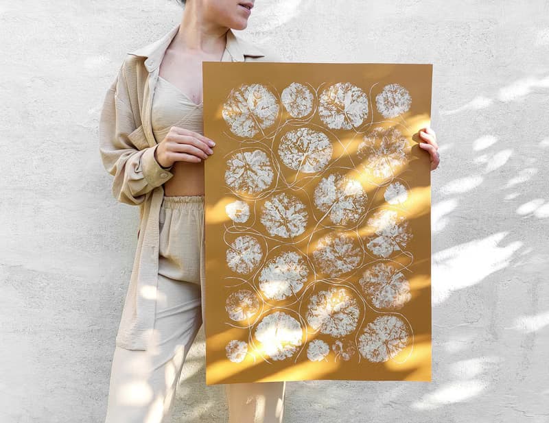 Ochre and beige textured leaves plant wall art Monotype print Original artwork