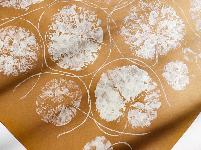 Ochre and beige textured leaves plant wall art Monotype print Original artwork