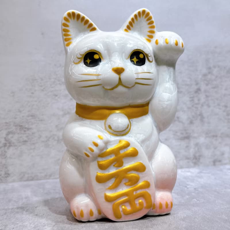 【金運桃喵】日本清水燒招財貓 | 花結晶 桃白 千万両 左