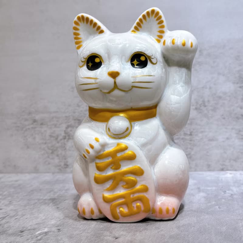 【金運桃喵】日本清水燒招財貓 | 花結晶 桃白 千万両 左