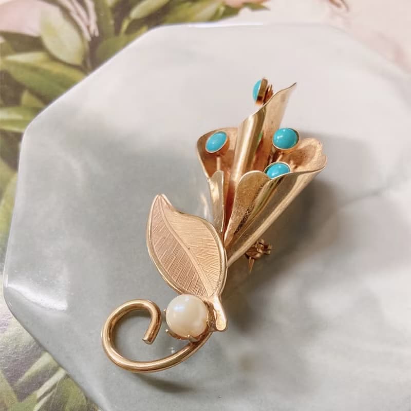 【西洋古董飾品】花蕊綻放 花束 捧花 果實 自然風 k金胸針 別針