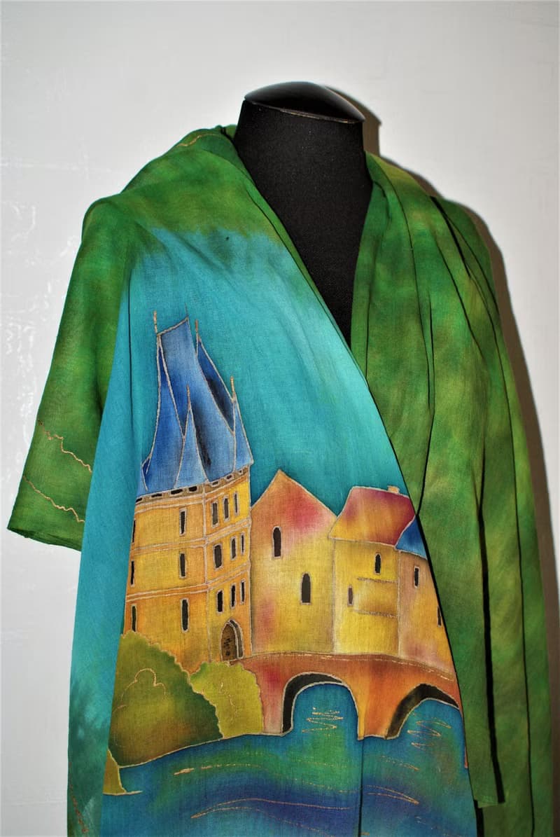 Green hand painted scarf with Prague Cotton scarf batik Large cotton scarf shawl