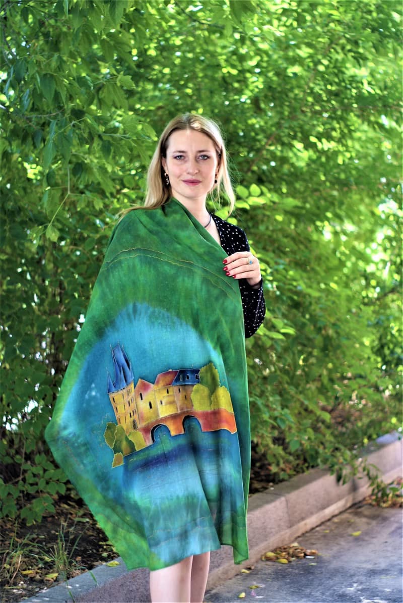 Green hand painted scarf with Prague Cotton scarf batik Large cotton scarf shawl