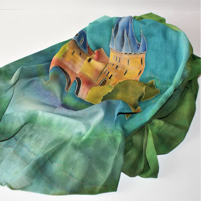 Green hand painted scarf with Prague Cotton scarf batik Large cotton scarf shawl