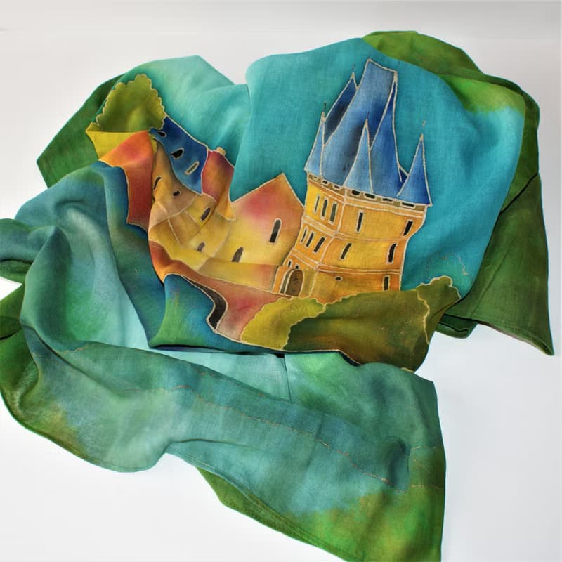 Green hand painted scarf with Prague Cotton scarf batik Large cotton scarf shawl