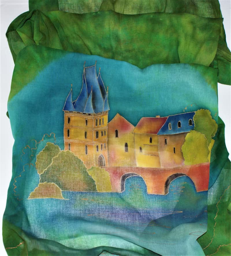 Green hand painted scarf with Prague Cotton scarf batik Large cotton scarf shawl