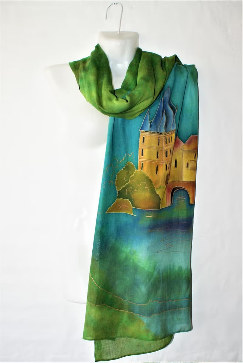 Green hand painted scarf with Prague Cotton scarf batik Large cotton scarf shawl