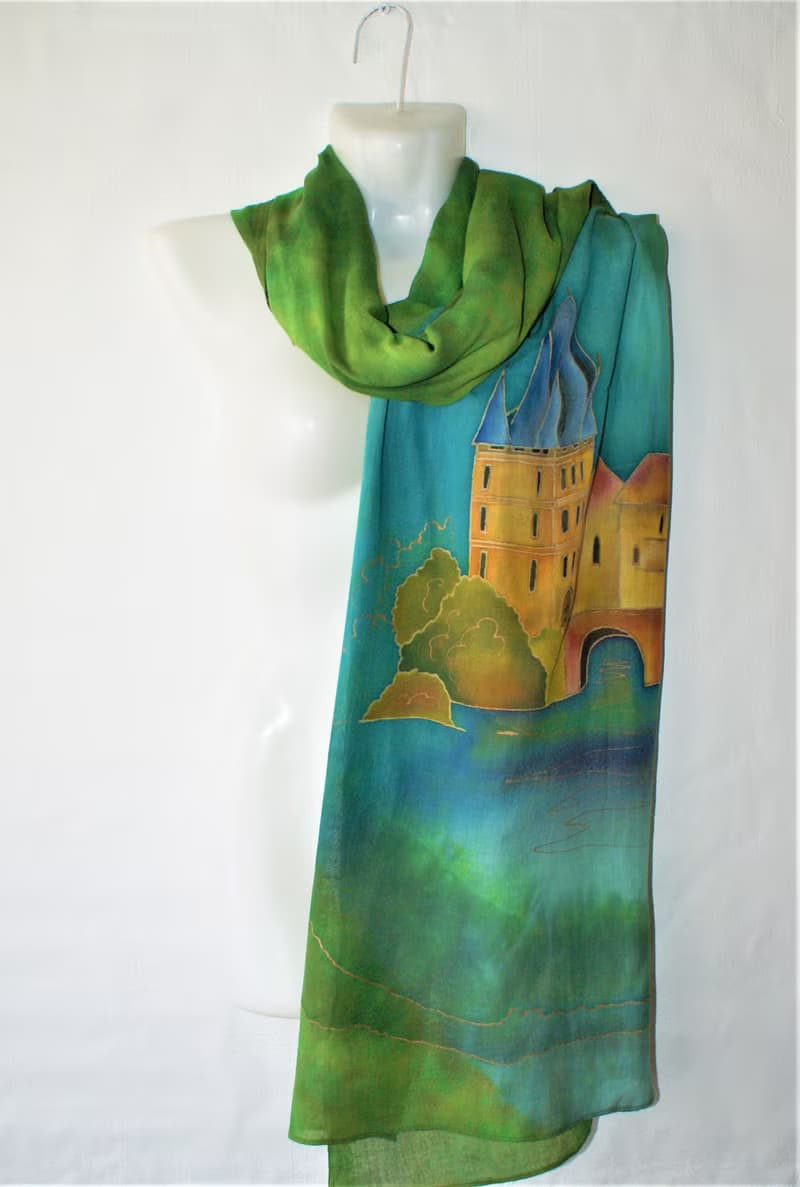 Green hand painted scarf with Prague Cotton scarf batik Large cotton scarf shawl