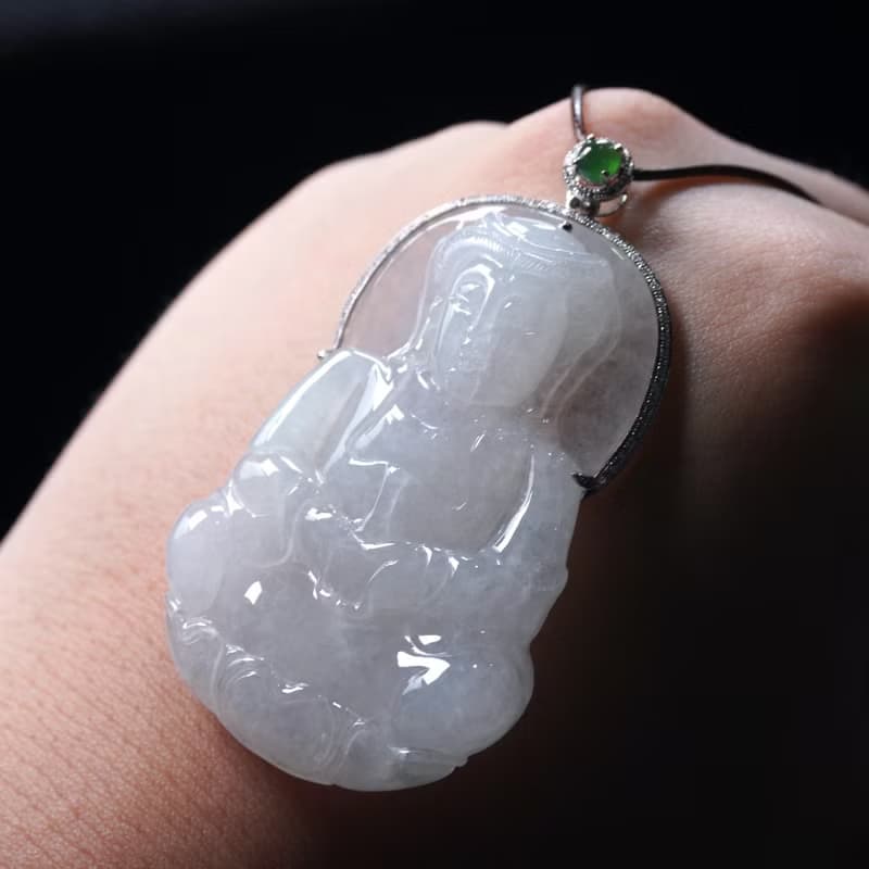 冰種翡翠觀音菩薩項鍊 18K金鑽石鑲嵌 | 天然緬甸玉翡翠A貨 |送禮
