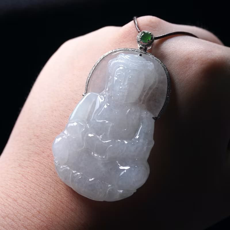 冰種翡翠觀音菩薩項鍊 18K金鑽石鑲嵌 | 天然緬甸玉翡翠A貨 |送禮