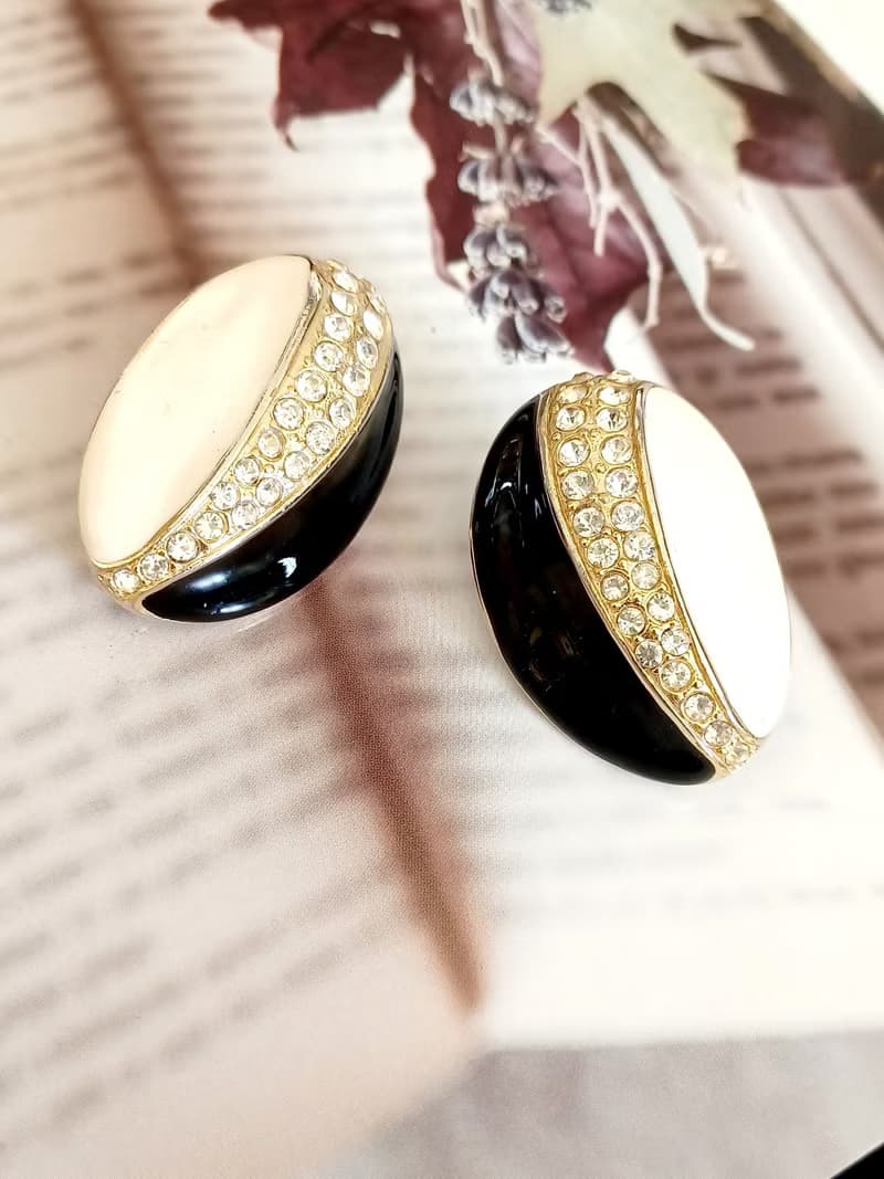 vintage jewelry  時尚黑白琺瑯萊茵帶鑽 夾式耳環