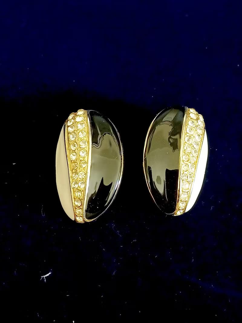 vintage jewelry  時尚黑白琺瑯萊茵帶鑽 夾式耳環