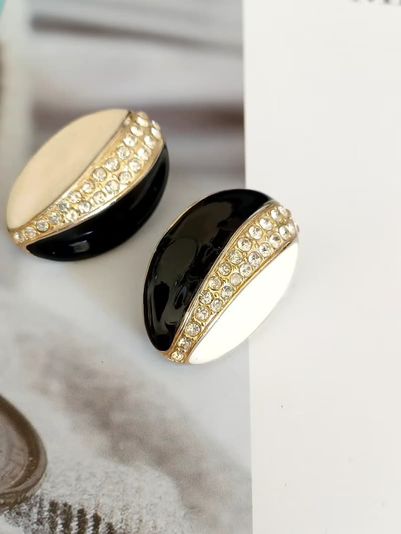 vintage jewelry  時尚黑白琺瑯萊茵帶鑽 夾式耳環