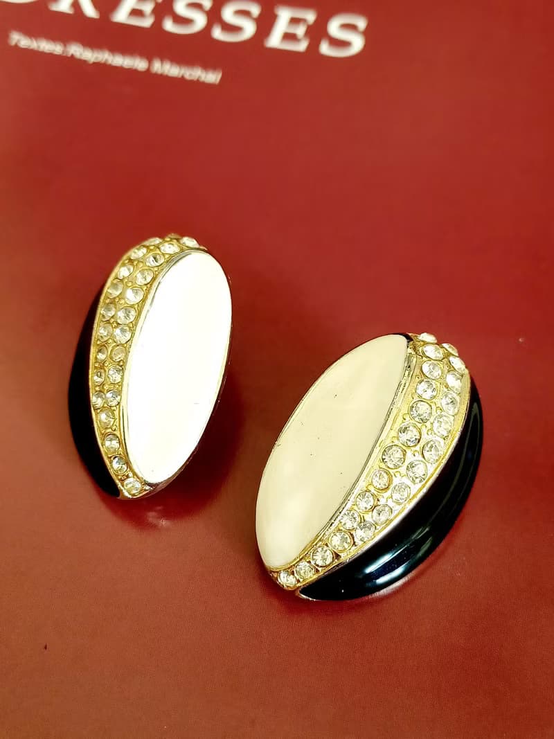 vintage jewelry  時尚黑白琺瑯萊茵帶鑽 夾式耳環