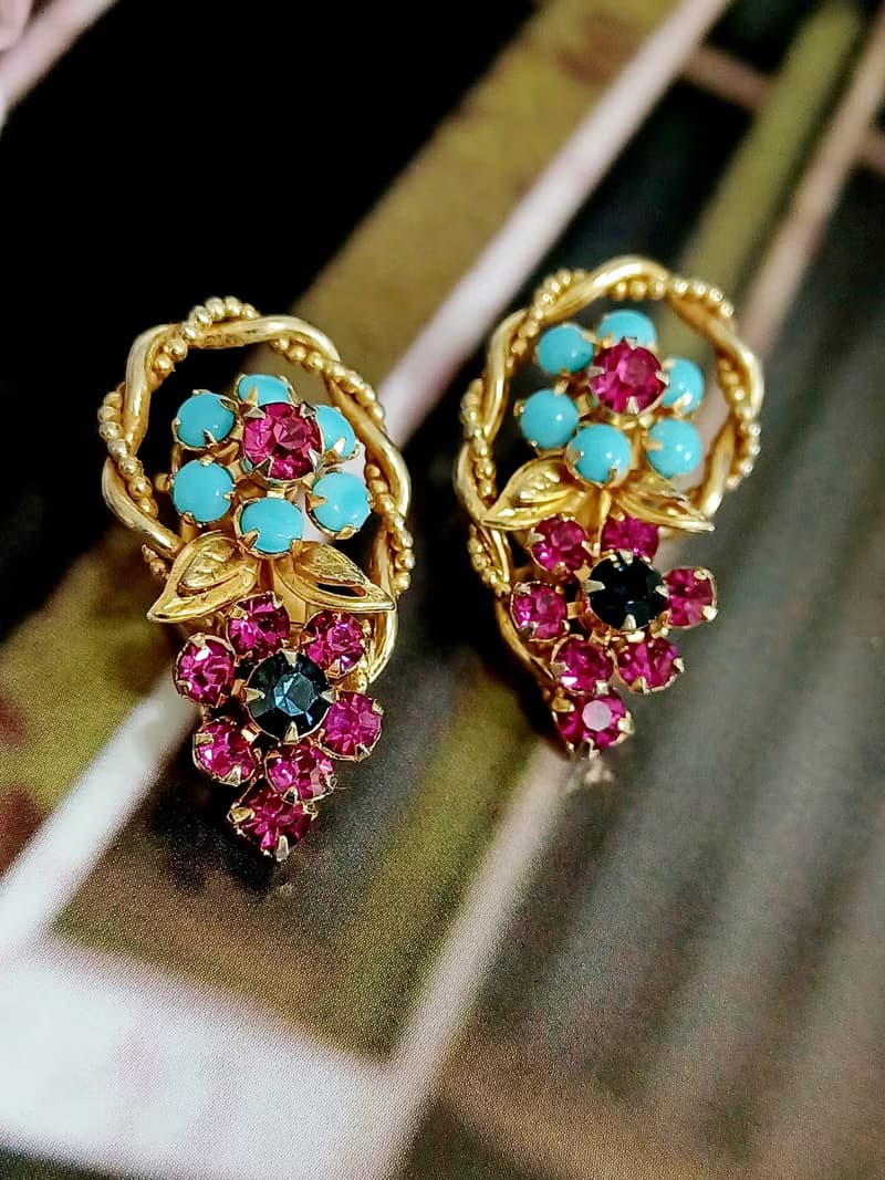vintage jewelry  古董萊茵青石藤蔓花卉夾式耳環