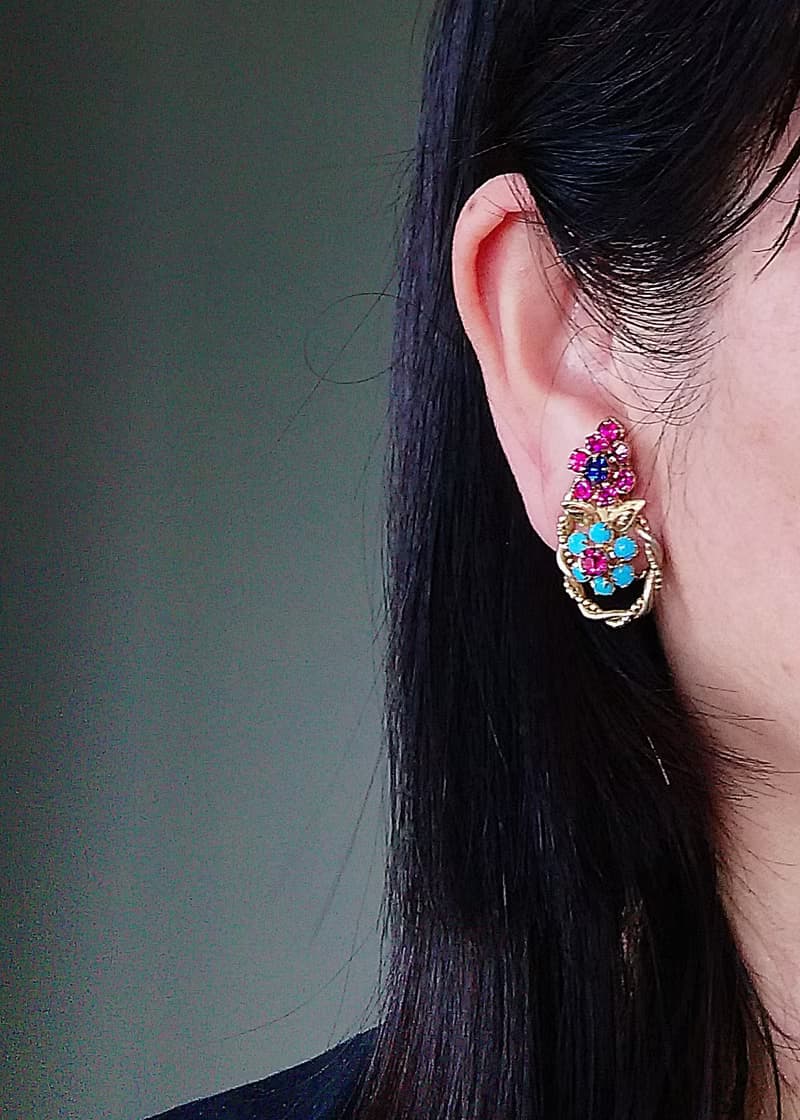 vintage jewelry  古董萊茵青石藤蔓花卉夾式耳環