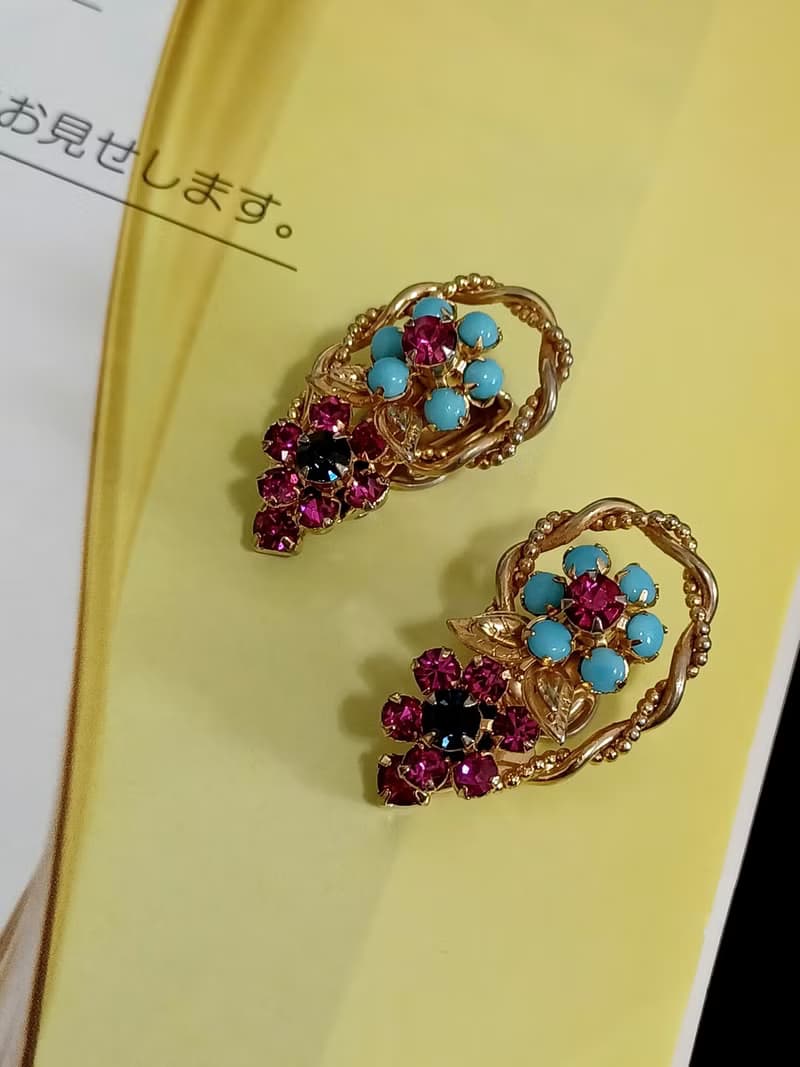 vintage jewelry  古董萊茵青石藤蔓花卉夾式耳環