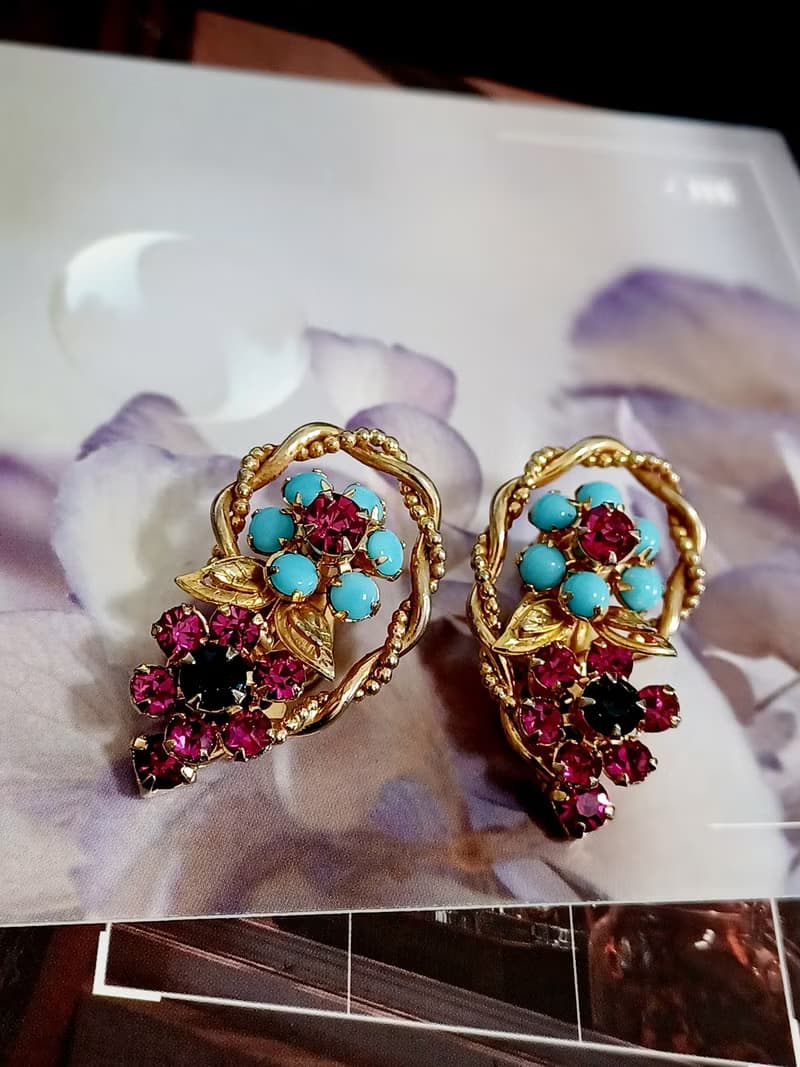 vintage jewelry  古董萊茵青石藤蔓花卉夾式耳環