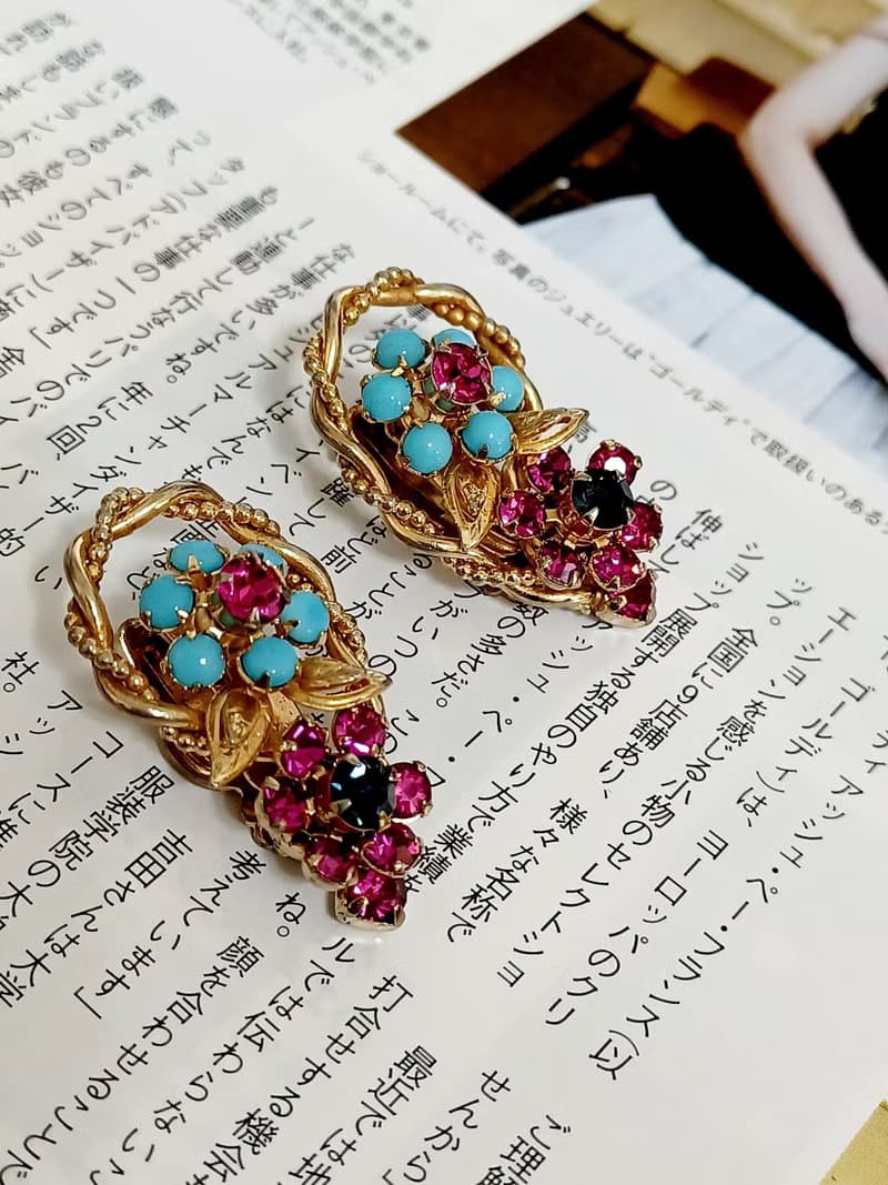 vintage jewelry  古董萊茵青石藤蔓花卉夾式耳環
