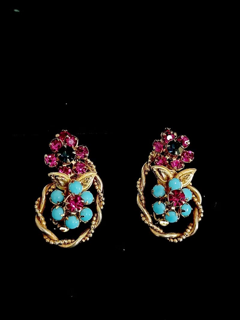 vintage jewelry  古董萊茵青石藤蔓花卉夾式耳環