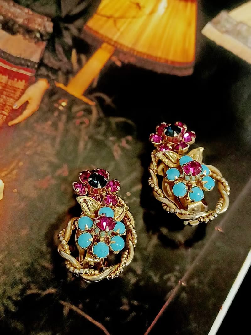 vintage jewelry  古董萊茵青石藤蔓花卉夾式耳環