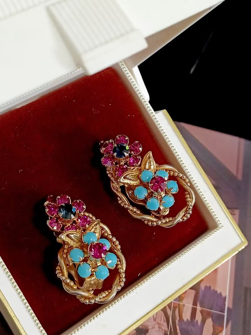 vintage jewelry  古董萊茵青石藤蔓花卉夾式耳環