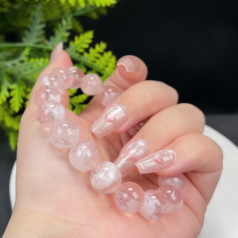 高檔粉色雪花幽靈水晶手串11.5mm冰透體凈水晶手環女單圈招財順遂