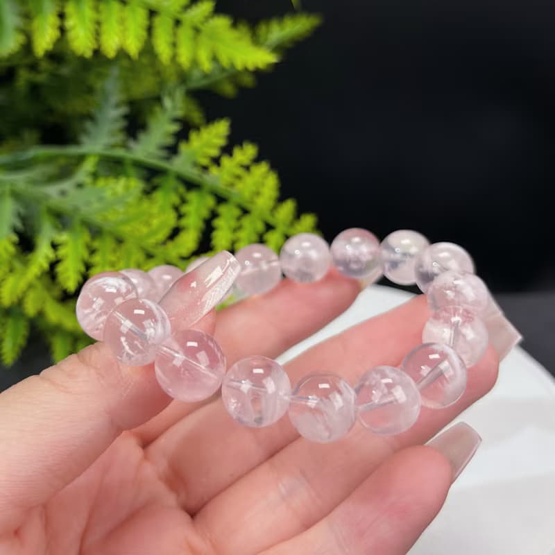 高檔粉色雪花幽靈水晶手串11.5mm冰透體凈水晶手環女單圈招財順遂