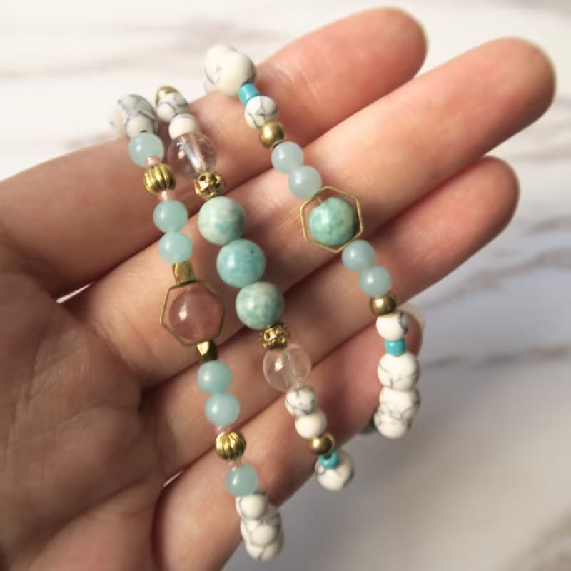 靈性小物 - 草莓晶 天河石 白水晶 白松石 大理石 黃銅 項鍊 手鍊