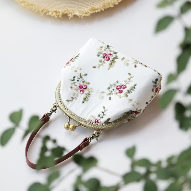 清新玫瑰刺繡蕾絲口金包 手提包 手提包 斜挎包 情人節禮物交換