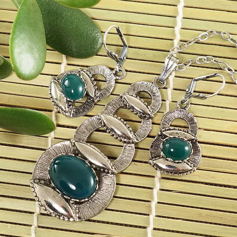 Necklace and Earrings Dark Green Agate Silver Jewelry Set Pendant and Earrings