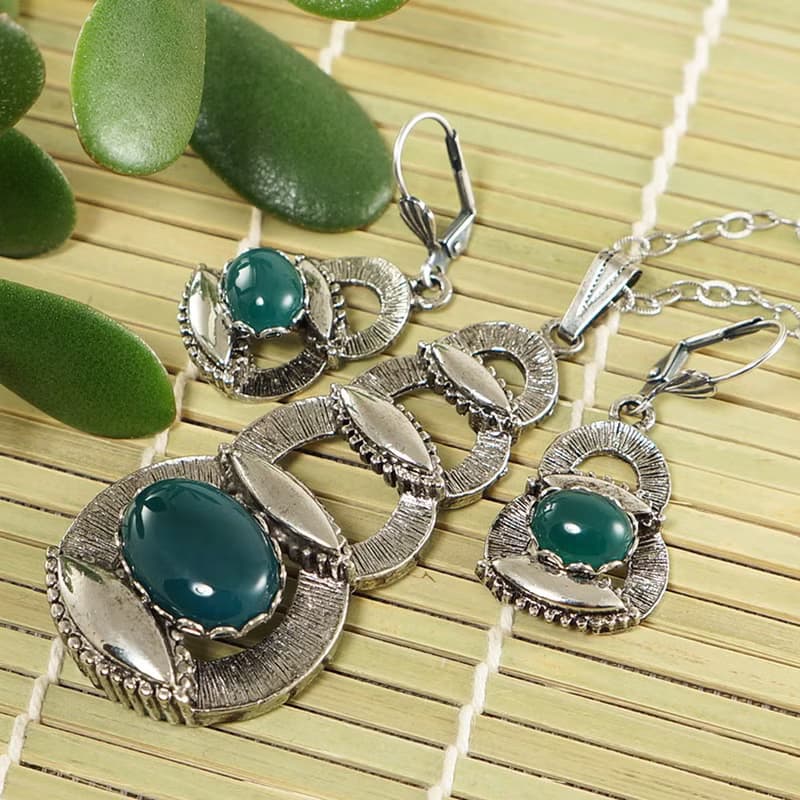 Necklace and Earrings Dark Green Agate Silver Jewelry Set Pendant and Earrings