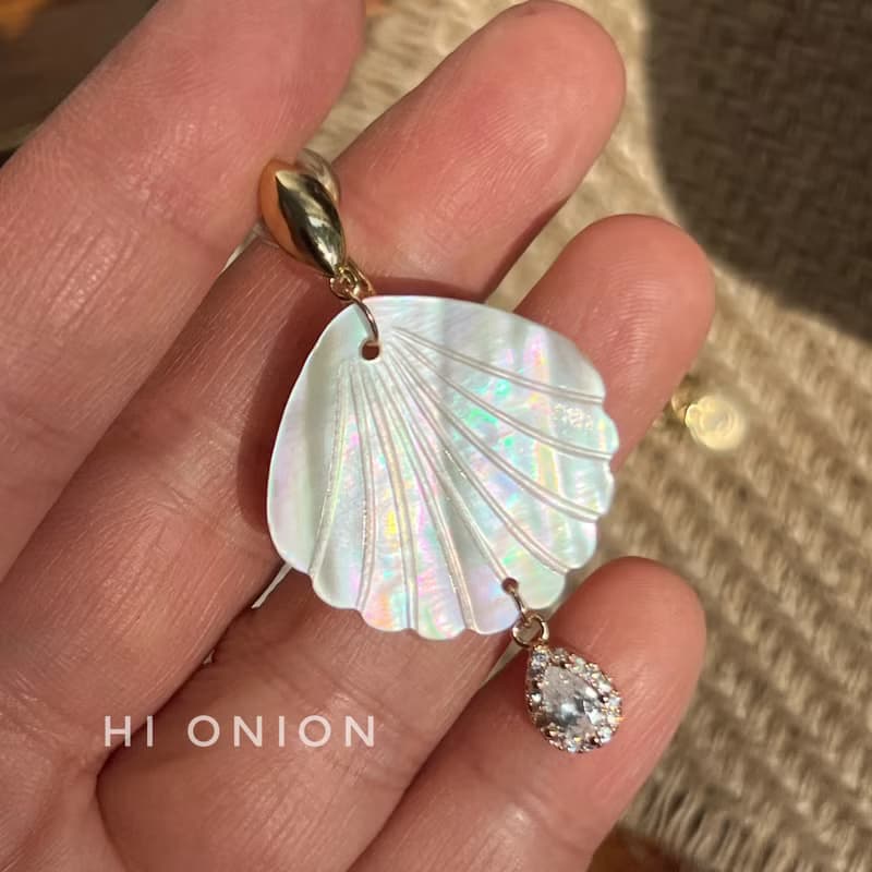 Hi Onion原創小眾天然白貝誇張耳環無耳洞耳夾復古銀針耳釘時髦