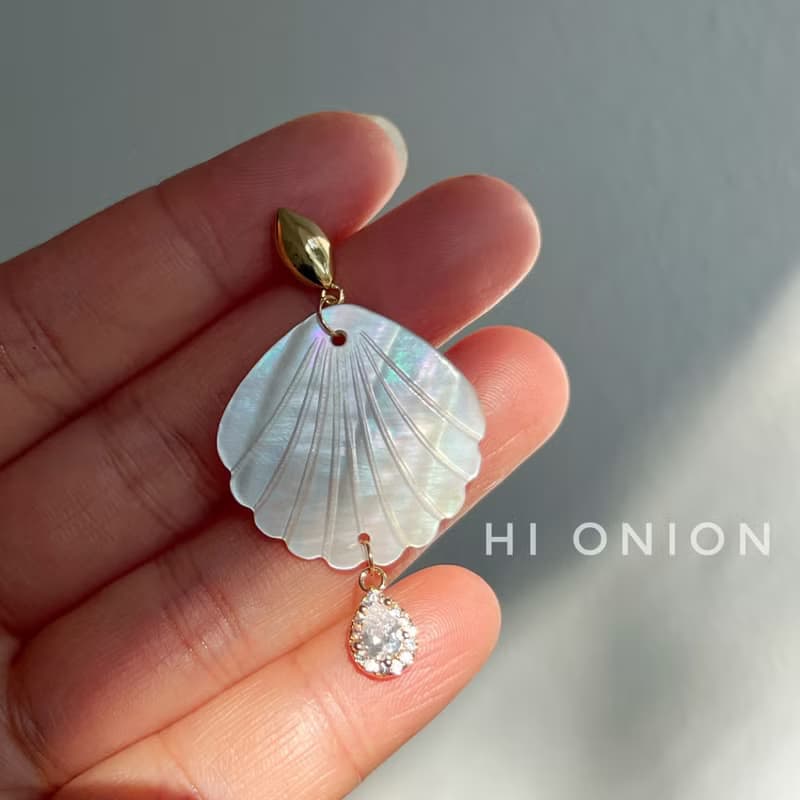 Hi Onion原創小眾天然白貝誇張耳環無耳洞耳夾復古銀針耳釘時髦