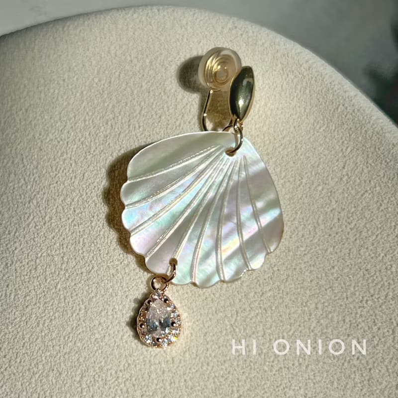Hi Onion原創小眾天然白貝誇張耳環無耳洞耳夾復古銀針耳釘時髦
