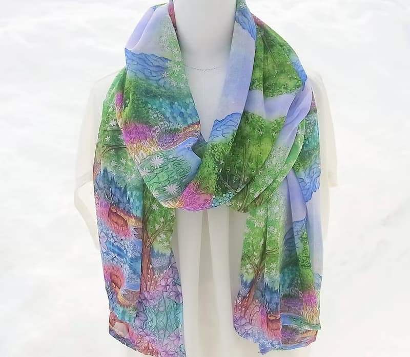 二週間【Melting snow forest/blue】水彩画　シフォンストール　アートスカーフ　ショール　鹿　山　おしゃれファッション　花柄　植物　贈り物