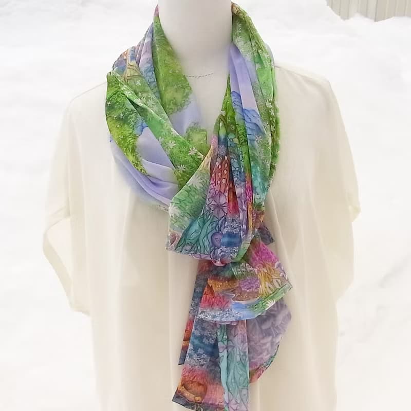 二週間【Melting snow forest/blue】水彩画　シフォンストール　アートスカーフ　ショール　鹿　山　おしゃれファッション　花柄　植物　贈り物