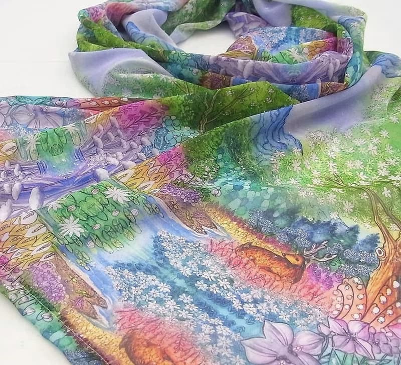 二週間【Melting snow forest/blue】水彩画　シフォンストール　アートスカーフ　ショール　鹿　山　おしゃれファッション　花柄　植物　贈り物