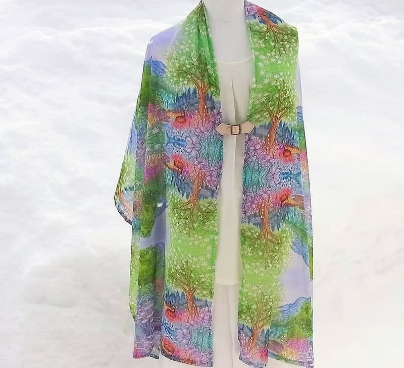 二週間【Melting snow forest/blue】水彩画　シフォンストール　アートスカーフ　ショール　鹿　山　おしゃれファッション　花柄　植物　贈り物