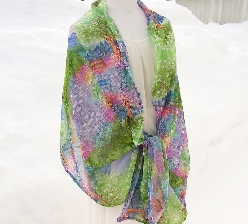 二週間【Melting snow forest/blue】水彩画　シフォンストール　アートスカーフ　ショール　鹿　山　おしゃれファッション　花柄　植物　贈り物
