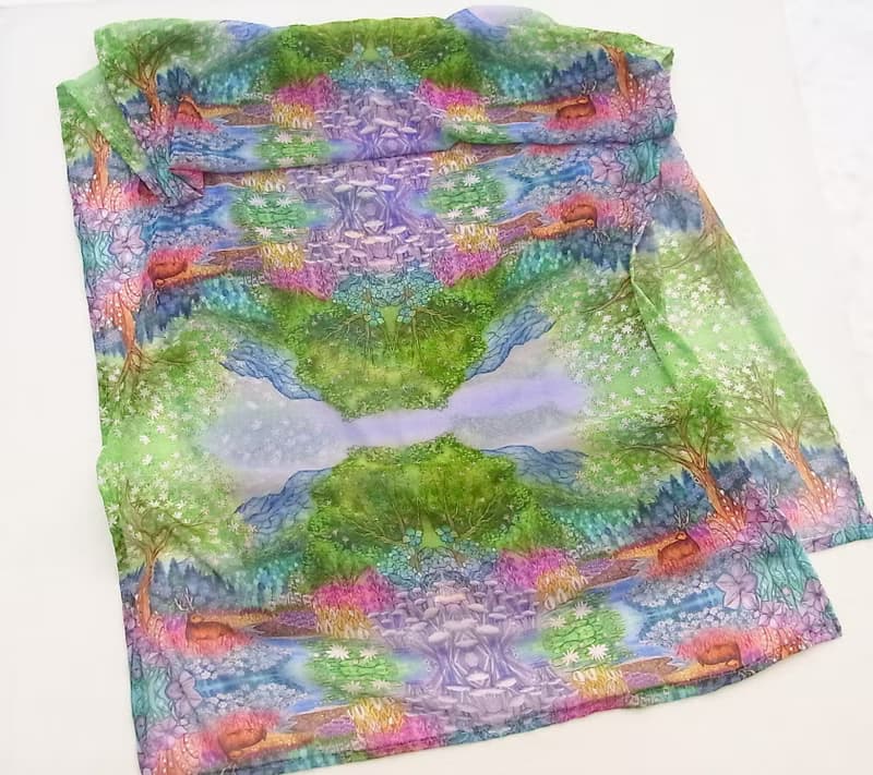 二週間【Melting snow forest/blue】水彩画　シフォンストール　アートスカーフ　ショール　鹿　山　おしゃれファッション　花柄　植物　贈り物