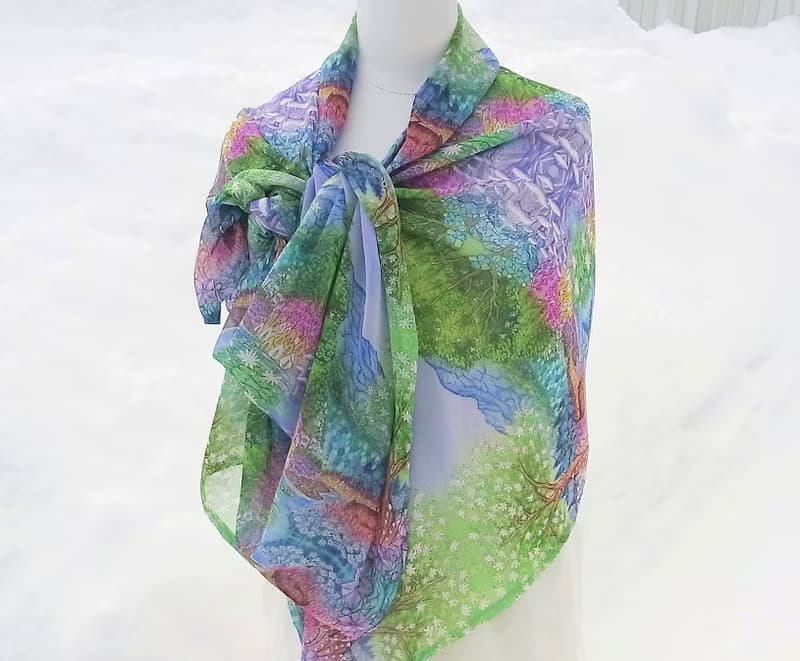 二週間【Melting snow forest/blue】水彩画　シフォンストール　アートスカーフ　ショール　鹿　山　おしゃれファッション　花柄　植物　贈り物